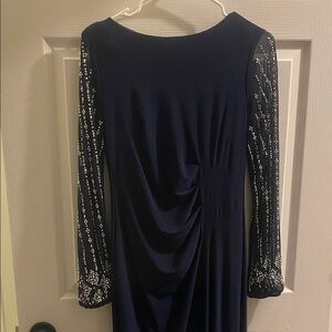 MARINA Navy Long Sleeve Dress with Embellished Sleeves